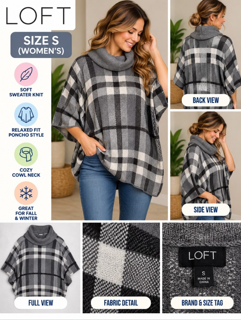 Loft Women's small Plaid Poncho Sweater Cowl Neck #36